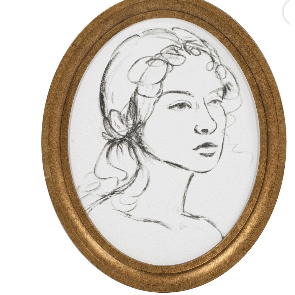 Feminine Profile Sketch Wall Art 11x14 – My Texas House, Vintage Gold Oval Frame